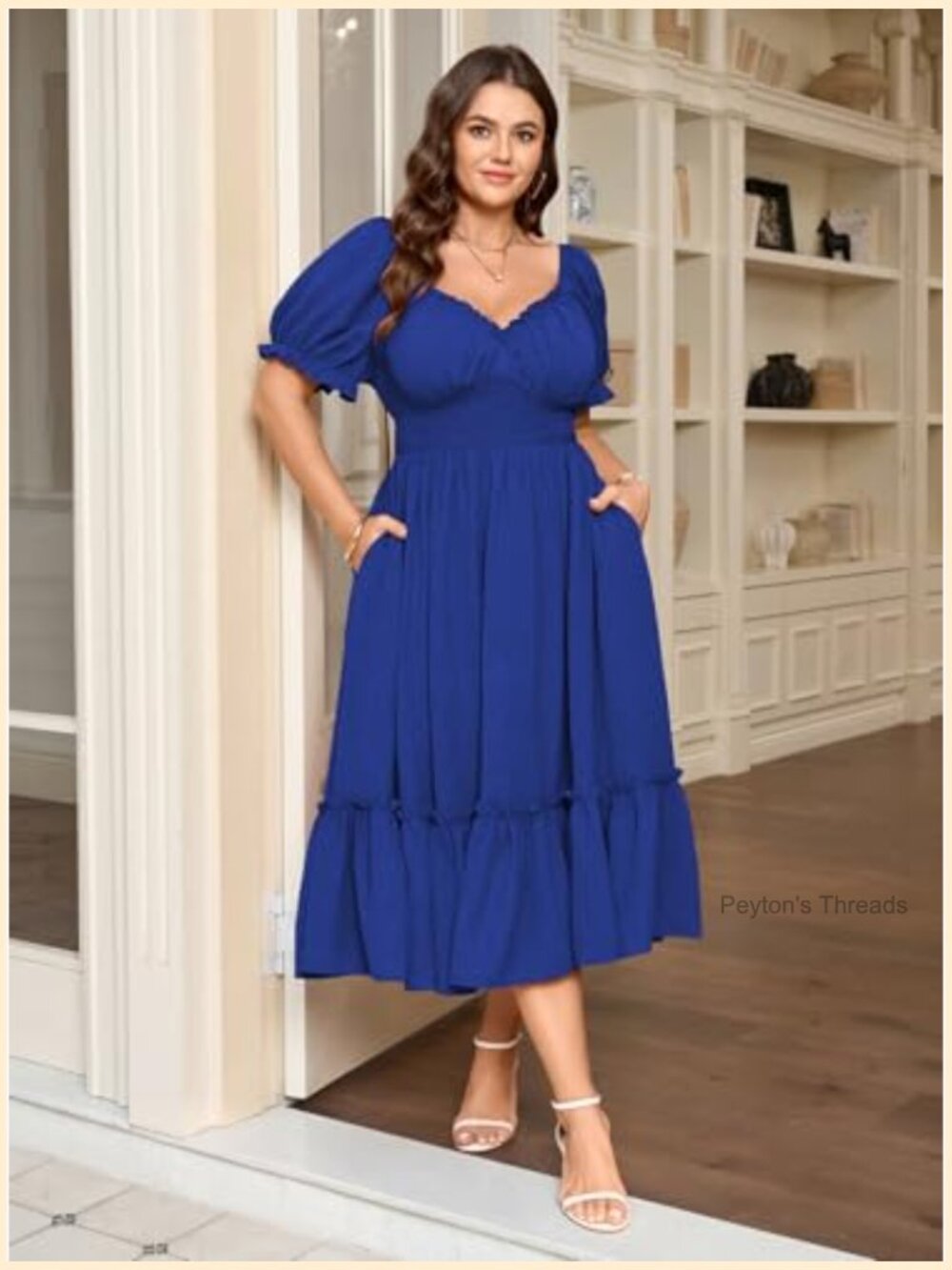 Plus Size Maxi Dress Sweetheart Neck Smocked Empire Waist Tiered A-Line Pockets - Picture 2 of 7